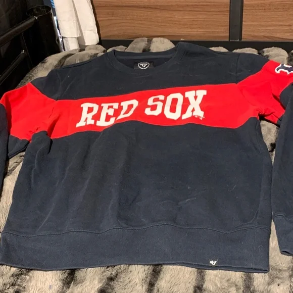#372 ‘47 Men's Red Sox Navy and Red Crewneck Sweater - Picture 1 of 6